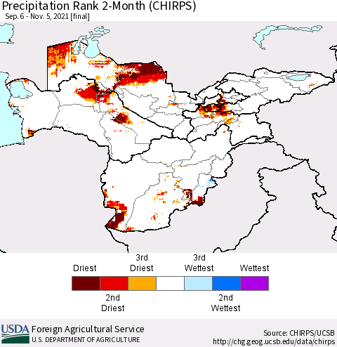 Central Asia Precipitation Rank since 1981, 2-Month (CHIRPS) Thematic Map For 9/6/2021 - 11/5/2021
