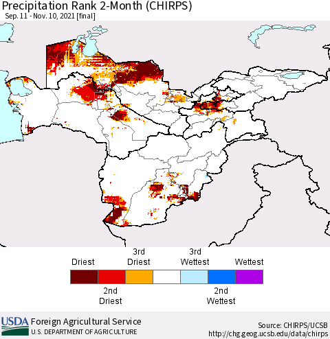 Central Asia Precipitation Rank since 1981, 2-Month (CHIRPS) Thematic Map For 9/11/2021 - 11/10/2021