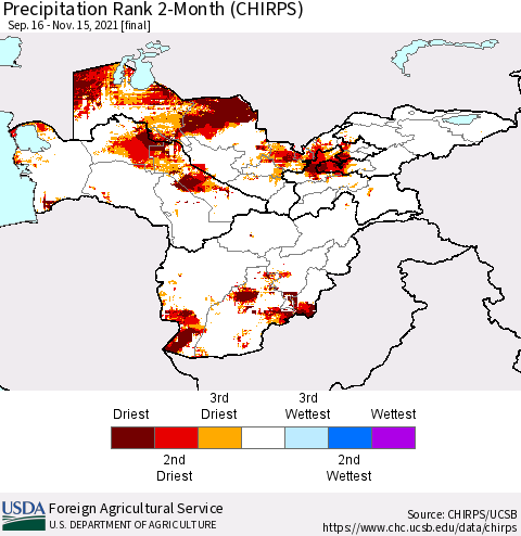 Central Asia Precipitation Rank since 1981, 2-Month (CHIRPS) Thematic Map For 9/16/2021 - 11/15/2021