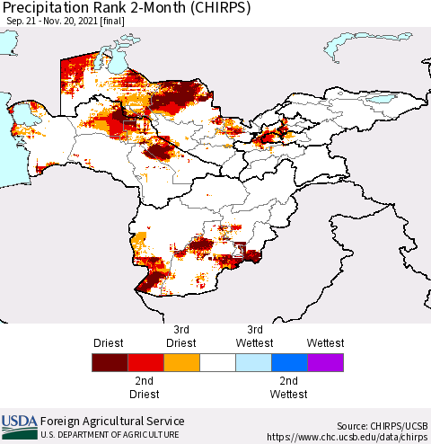 Central Asia Precipitation Rank since 1981, 2-Month (CHIRPS) Thematic Map For 9/21/2021 - 11/20/2021