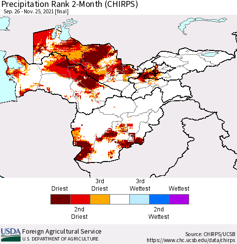 Central Asia Precipitation Rank since 1981, 2-Month (CHIRPS) Thematic Map For 9/26/2021 - 11/25/2021