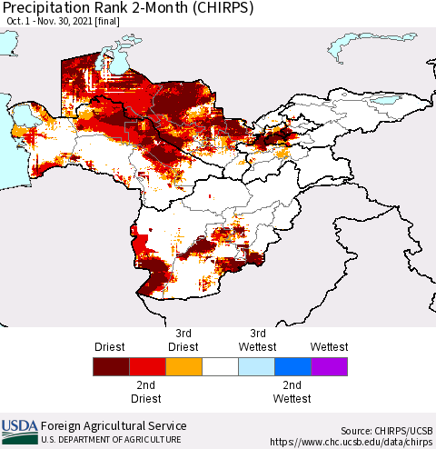 Central Asia Precipitation Rank since 1981, 2-Month (CHIRPS) Thematic Map For 10/1/2021 - 11/30/2021
