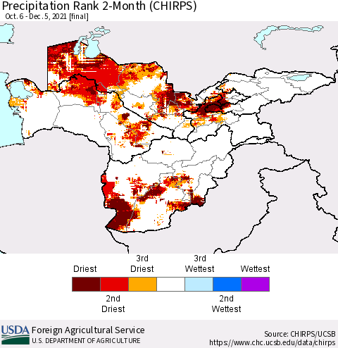 Central Asia Precipitation Rank since 1981, 2-Month (CHIRPS) Thematic Map For 10/6/2021 - 12/5/2021