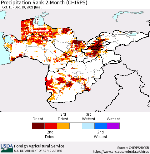 Central Asia Precipitation Rank since 1981, 2-Month (CHIRPS) Thematic Map For 10/11/2021 - 12/10/2021