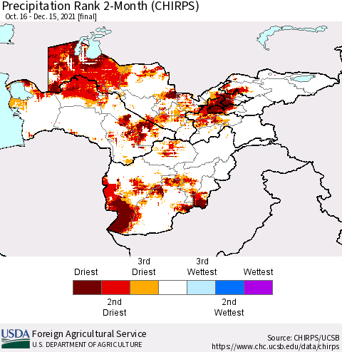 Central Asia Precipitation Rank since 1981, 2-Month (CHIRPS) Thematic Map For 10/16/2021 - 12/15/2021