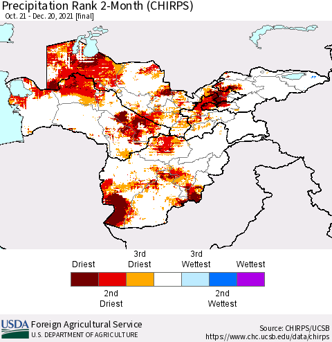 Central Asia Precipitation Rank since 1981, 2-Month (CHIRPS) Thematic Map For 10/21/2021 - 12/20/2021