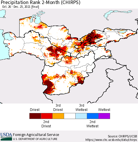 Central Asia Precipitation Rank since 1981, 2-Month (CHIRPS) Thematic Map For 10/26/2021 - 12/25/2021