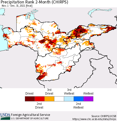Central Asia Precipitation Rank since 1981, 2-Month (CHIRPS) Thematic Map For 11/1/2021 - 12/31/2021