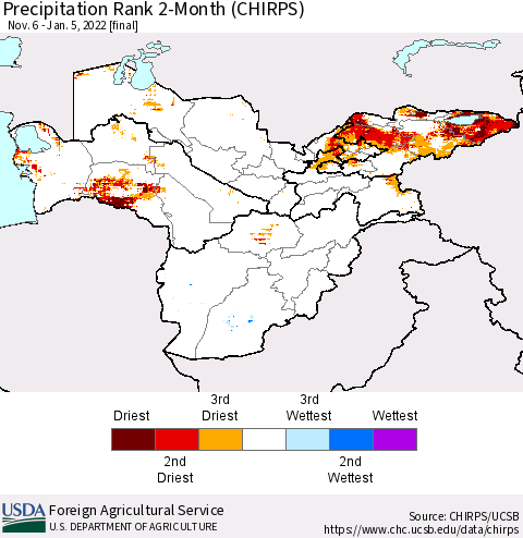 Central Asia Precipitation Rank since 1981, 2-Month (CHIRPS) Thematic Map For 11/6/2021 - 1/5/2022