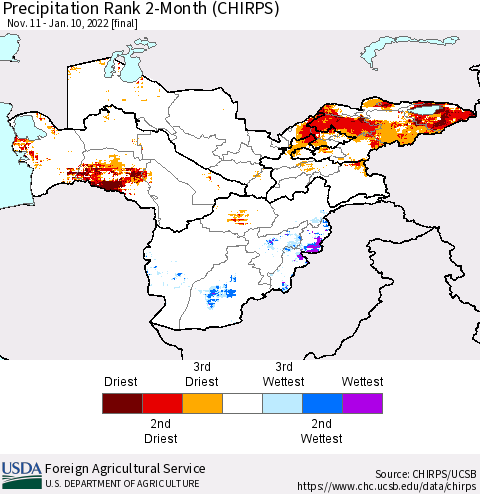 Central Asia Precipitation Rank since 1981, 2-Month (CHIRPS) Thematic Map For 11/11/2021 - 1/10/2022