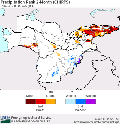 Central Asia Precipitation Rank since 1981, 2-Month (CHIRPS) Thematic Map For 11/16/2021 - 1/15/2022