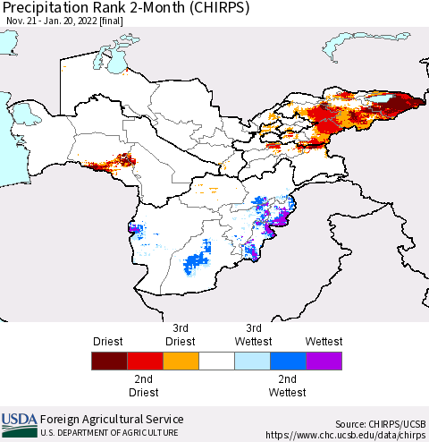 Central Asia Precipitation Rank since 1981, 2-Month (CHIRPS) Thematic Map For 11/21/2021 - 1/20/2022