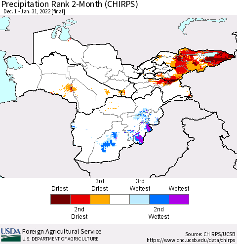Central Asia Precipitation Rank since 1981, 2-Month (CHIRPS) Thematic Map For 12/1/2021 - 1/31/2022