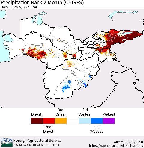 Central Asia Precipitation Rank since 1981, 2-Month (CHIRPS) Thematic Map For 12/6/2021 - 2/5/2022