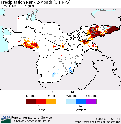 Central Asia Precipitation Rank since 1981, 2-Month (CHIRPS) Thematic Map For 12/11/2021 - 2/10/2022
