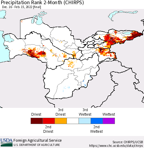 Central Asia Precipitation Rank since 1981, 2-Month (CHIRPS) Thematic Map For 12/16/2021 - 2/15/2022