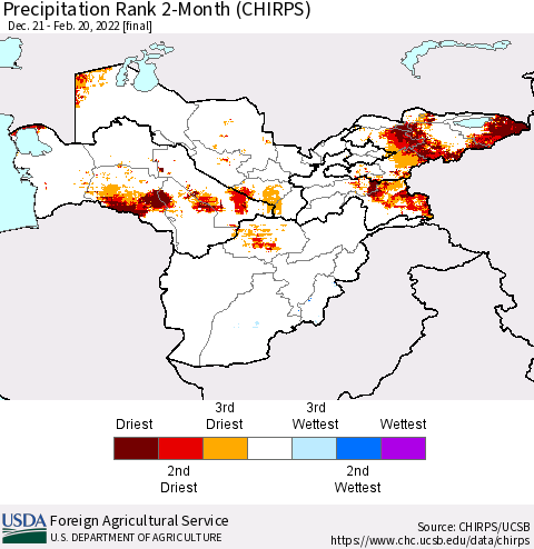 Central Asia Precipitation Rank since 1981, 2-Month (CHIRPS) Thematic Map For 12/21/2021 - 2/20/2022