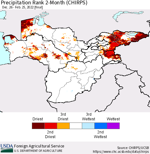 Central Asia Precipitation Rank since 1981, 2-Month (CHIRPS) Thematic Map For 12/26/2021 - 2/25/2022