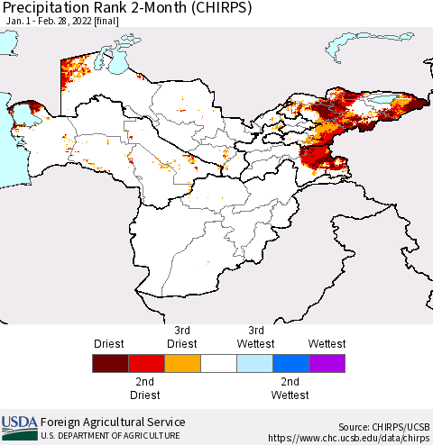 Central Asia Precipitation Rank since 1981, 2-Month (CHIRPS) Thematic Map For 1/1/2022 - 2/28/2022