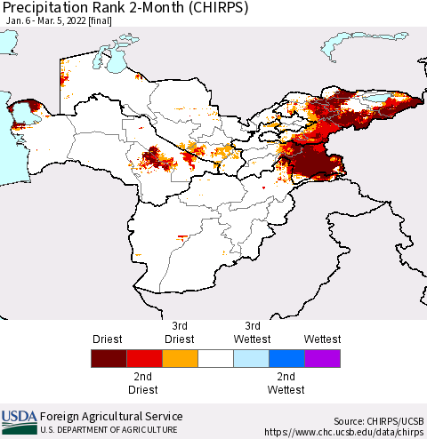 Central Asia Precipitation Rank since 1981, 2-Month (CHIRPS) Thematic Map For 1/6/2022 - 3/5/2022