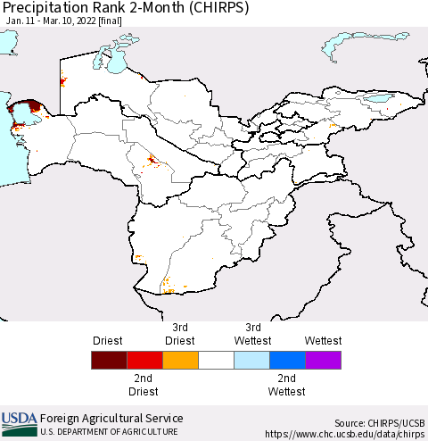 Central Asia Precipitation Rank since 1981, 2-Month (CHIRPS) Thematic Map For 1/11/2022 - 3/10/2022