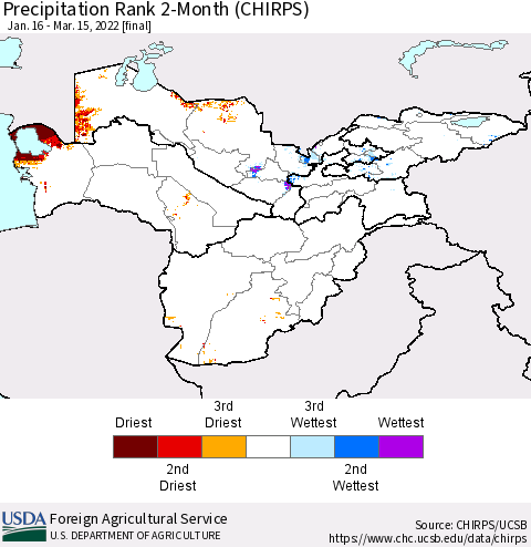 Central Asia Precipitation Rank since 1981, 2-Month (CHIRPS) Thematic Map For 1/16/2022 - 3/15/2022