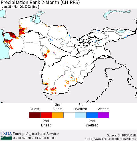 Central Asia Precipitation Rank since 1981, 2-Month (CHIRPS) Thematic Map For 1/21/2022 - 3/20/2022