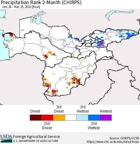 Central Asia Precipitation Rank since 1981, 2-Month (CHIRPS) Thematic Map For 1/26/2022 - 3/25/2022