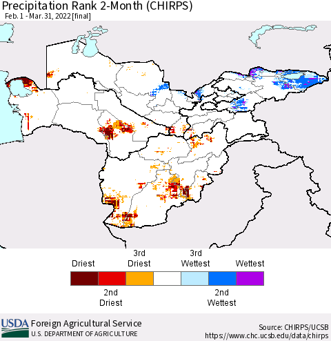 Central Asia Precipitation Rank since 1981, 2-Month (CHIRPS) Thematic Map For 2/1/2022 - 3/31/2022