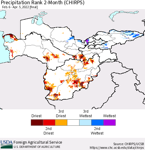 Central Asia Precipitation Rank since 1981, 2-Month (CHIRPS) Thematic Map For 2/6/2022 - 4/5/2022