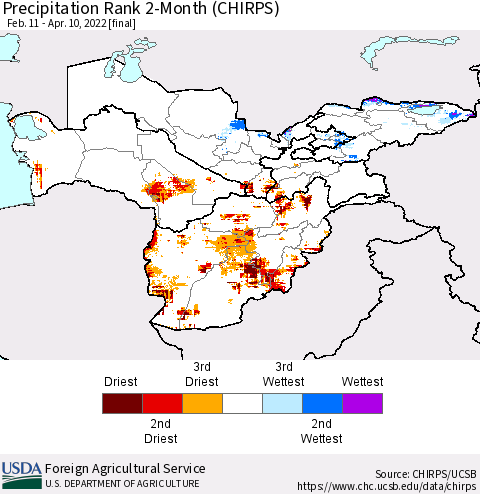 Central Asia Precipitation Rank since 1981, 2-Month (CHIRPS) Thematic Map For 2/11/2022 - 4/10/2022