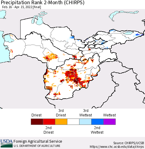 Central Asia Precipitation Rank since 1981, 2-Month (CHIRPS) Thematic Map For 2/16/2022 - 4/15/2022