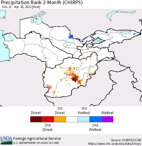 Central Asia Precipitation Rank since 1981, 2-Month (CHIRPS) Thematic Map For 2/21/2022 - 4/20/2022