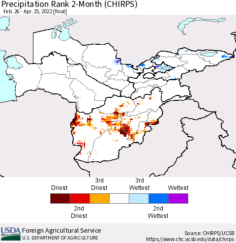 Central Asia Precipitation Rank since 1981, 2-Month (CHIRPS) Thematic Map For 2/26/2022 - 4/25/2022