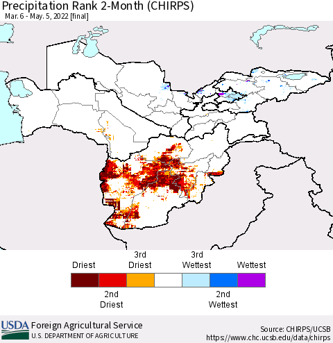 Central Asia Precipitation Rank since 1981, 2-Month (CHIRPS) Thematic Map For 3/6/2022 - 5/5/2022