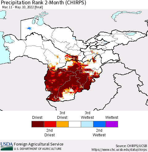 Central Asia Precipitation Rank since 1981, 2-Month (CHIRPS) Thematic Map For 3/11/2022 - 5/10/2022