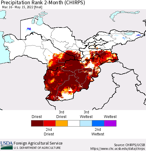 Central Asia Precipitation Rank since 1981, 2-Month (CHIRPS) Thematic Map For 3/16/2022 - 5/15/2022