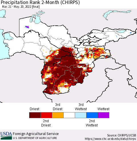 Central Asia Precipitation Rank since 1981, 2-Month (CHIRPS) Thematic Map For 3/21/2022 - 5/20/2022
