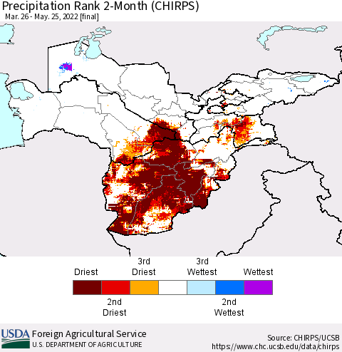 Central Asia Precipitation Rank since 1981, 2-Month (CHIRPS) Thematic Map For 3/26/2022 - 5/25/2022
