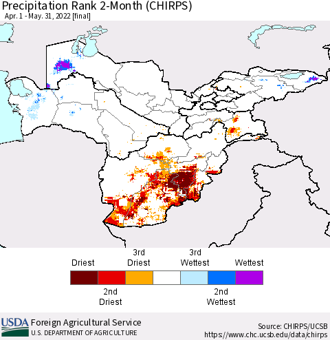 Central Asia Precipitation Rank since 1981, 2-Month (CHIRPS) Thematic Map For 4/1/2022 - 5/31/2022