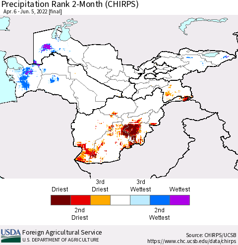 Central Asia Precipitation Rank since 1981, 2-Month (CHIRPS) Thematic Map For 4/6/2022 - 6/5/2022