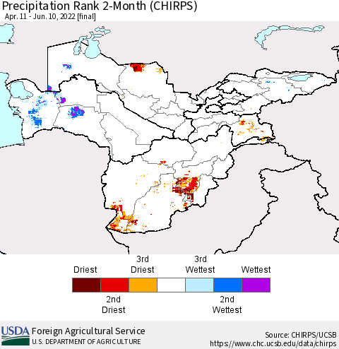 Central Asia Precipitation Rank since 1981, 2-Month (CHIRPS) Thematic Map For 4/11/2022 - 6/10/2022