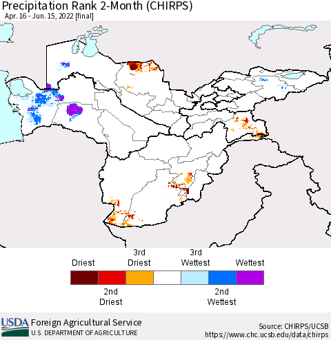Central Asia Precipitation Rank since 1981, 2-Month (CHIRPS) Thematic Map For 4/16/2022 - 6/15/2022