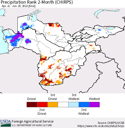 Central Asia Precipitation Rank since 1981, 2-Month (CHIRPS) Thematic Map For 4/21/2022 - 6/20/2022