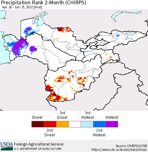 Central Asia Precipitation Rank since 1981, 2-Month (CHIRPS) Thematic Map For 4/26/2022 - 6/25/2022
