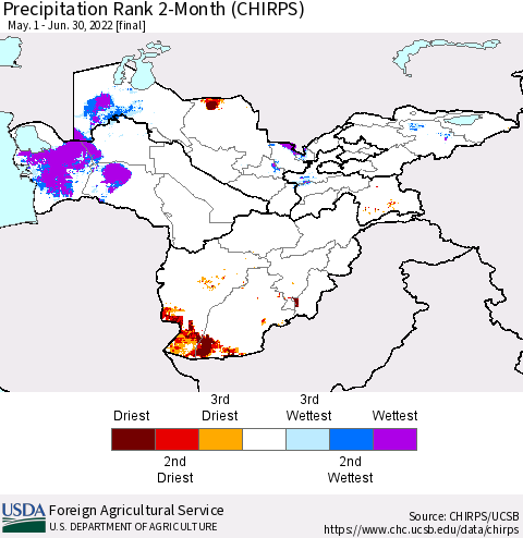 Central Asia Precipitation Rank since 1981, 2-Month (CHIRPS) Thematic Map For 5/1/2022 - 6/30/2022