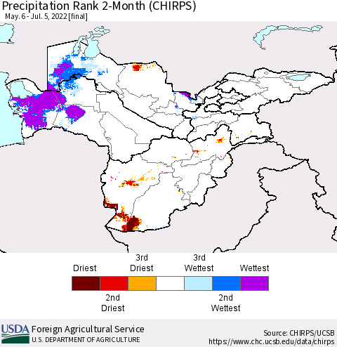 Central Asia Precipitation Rank since 1981, 2-Month (CHIRPS) Thematic Map For 5/6/2022 - 7/5/2022
