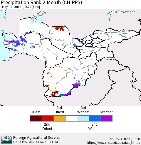 Central Asia Precipitation Rank since 1981, 2-Month (CHIRPS) Thematic Map For 5/11/2022 - 7/10/2022