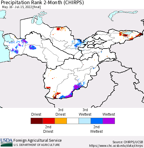 Central Asia Precipitation Rank since 1981, 2-Month (CHIRPS) Thematic Map For 5/16/2022 - 7/15/2022
