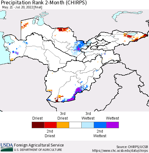 Central Asia Precipitation Rank since 1981, 2-Month (CHIRPS) Thematic Map For 5/21/2022 - 7/20/2022